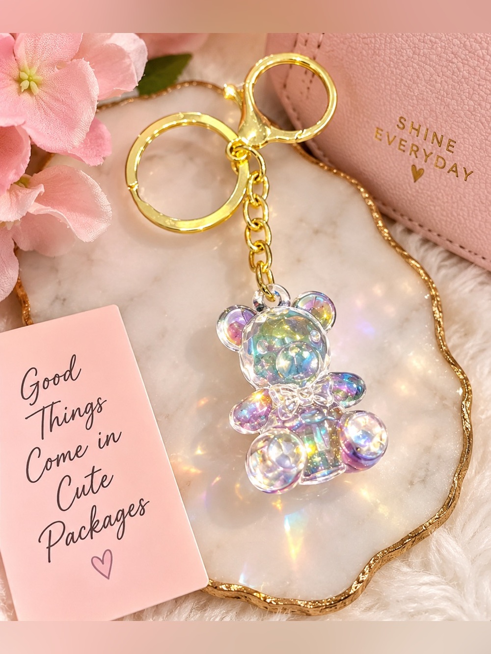 ✨ Iridescent Teddy Bear Double-Ring Keychain – NWT ✨